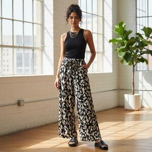 Trendy Black & Tan Abstract Print Wide-Leg Pants Elastic Waist and belt